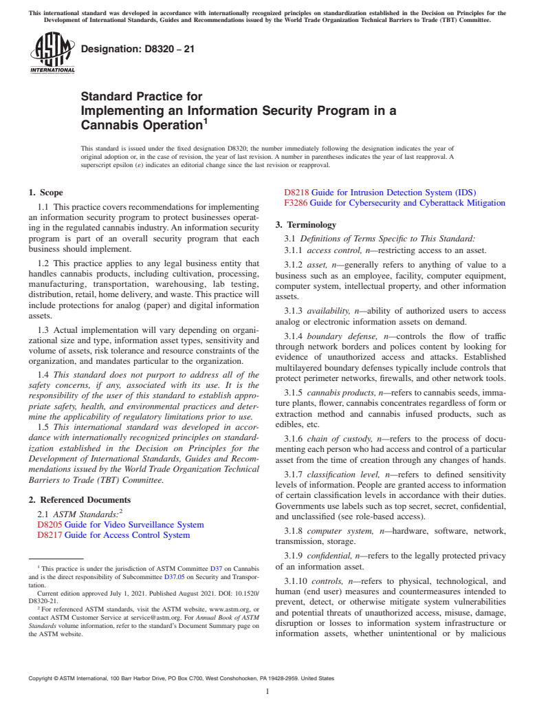 ASTM D8320-21 - Standard Practice for Implementing an Information Security Program in a Cannabis  Operation