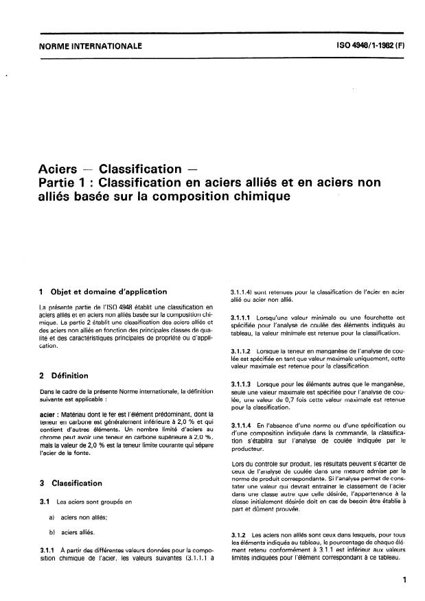 ISO 4948-1:1982 - Aciers -- Classification