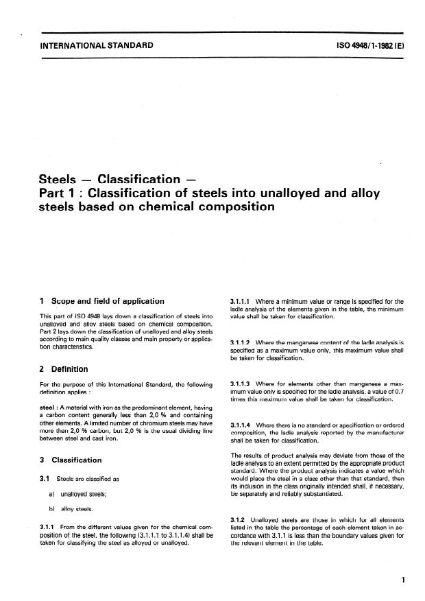 ISO 4948-1:1982 - Steels -- Classification