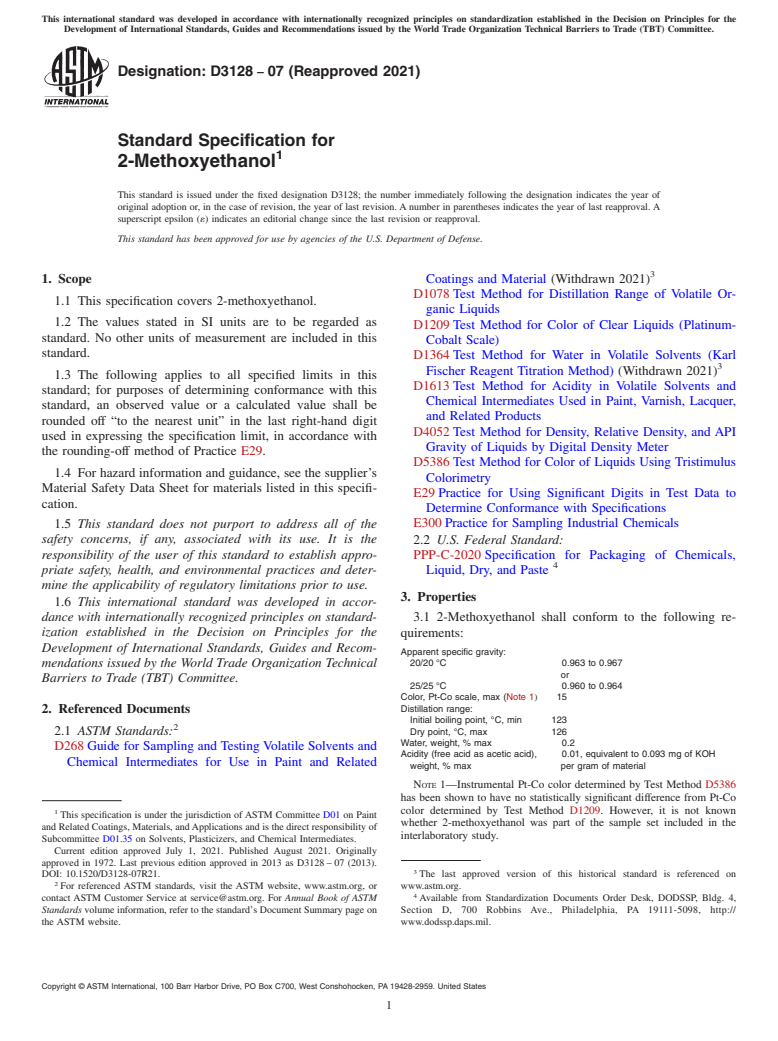 ASTM D3128-07(2021) - Standard Specification for  2-Methoxyethanol