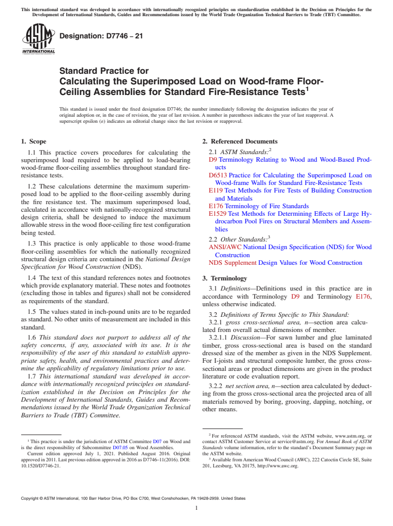 ASTM D7746-21 - Standard Practice for ﻿Calculating the Superimposed Load on Wood-frame Floor-Ceiling   Assemblies for Standard Fire-Resistance Tests