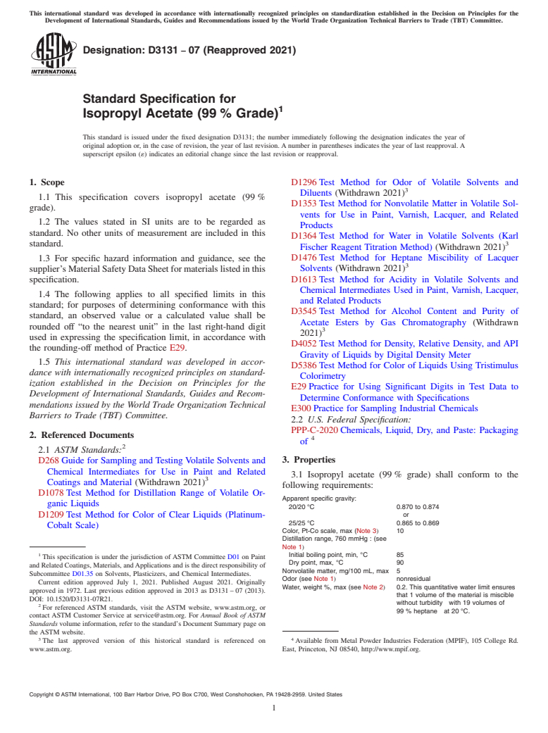 ASTM D3131-07(2021) - Standard Specification for  Isopropyl Acetate (99 % Grade)