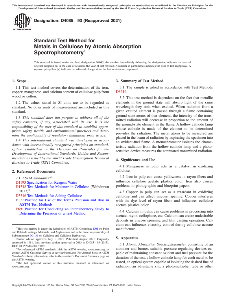 ASTM D4085-93(2021) - Standard Test Method for Metals in Cellulose by Atomic Absorption Spectrophotometry