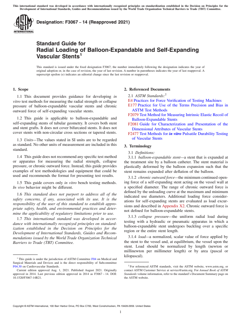 ASTM F3067-14(2021) - Standard Guide for Radial Loading of Balloon-Expandable and Self-Expanding Vascular  Stents