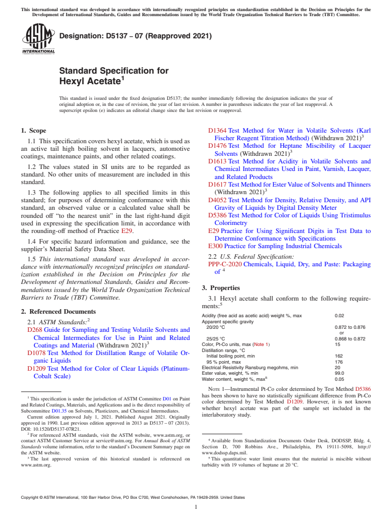 ASTM D5137-07(2021) - Standard Specification for  Hexyl Acetate