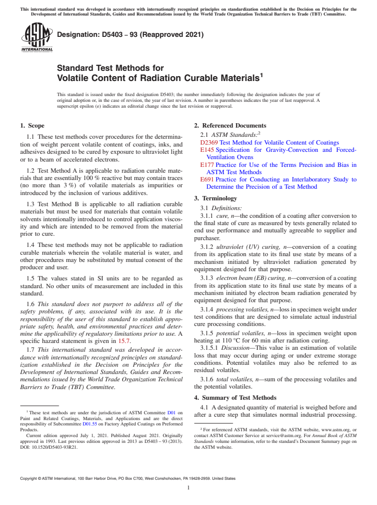 ASTM D5403-93(2021) - Standard Test Methods for Volatile Content of Radiation Curable Materials