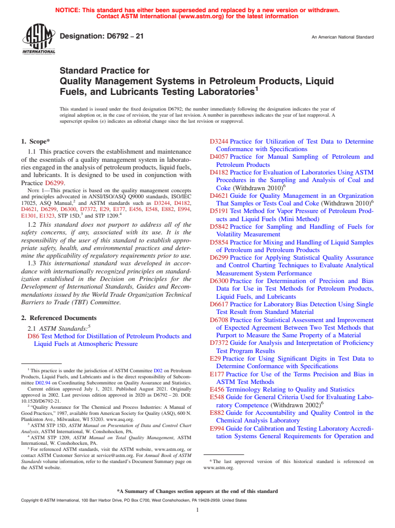 ASTM D6792-21 - Standard Practice for Quality Management Systems in Petroleum Products, Liquid Fuels,  and Lubricants Testing Laboratories