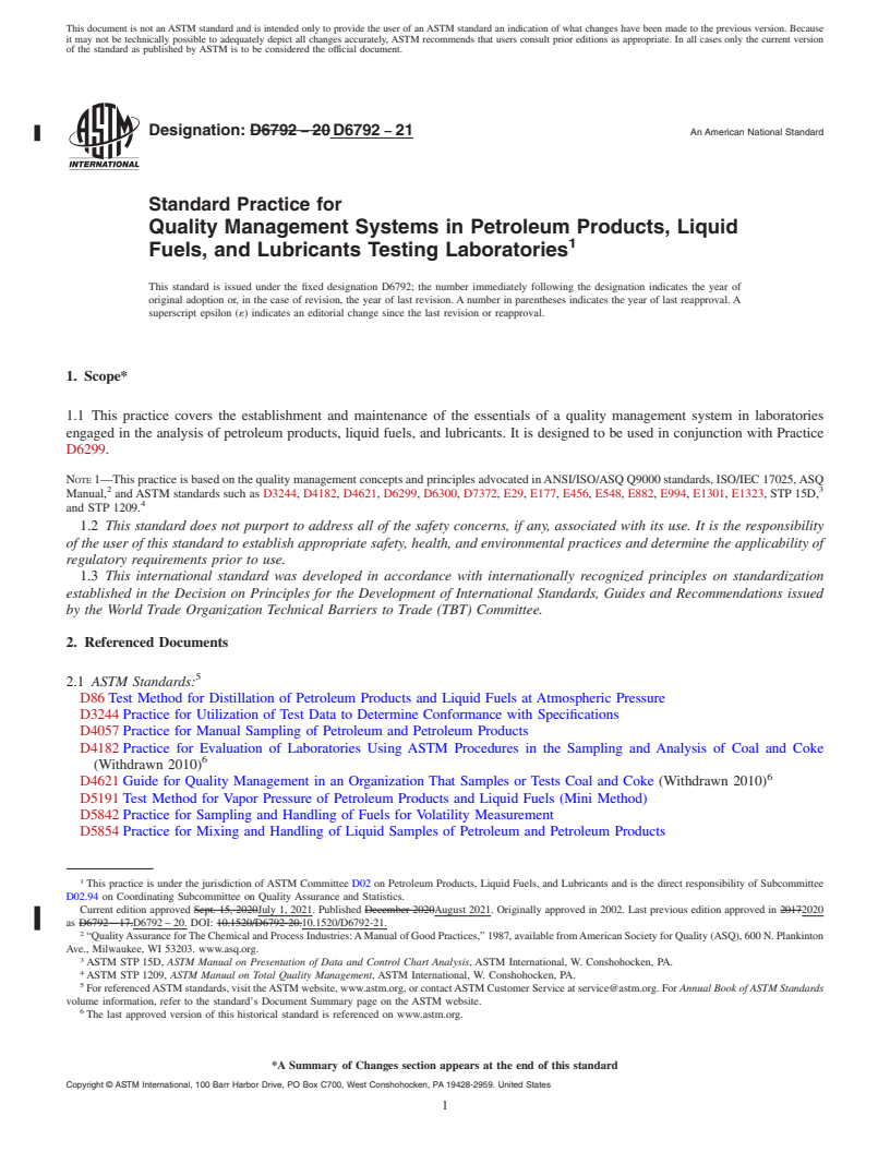 REDLINE ASTM D6792-21 - Standard Practice for Quality Management Systems in Petroleum Products, Liquid Fuels,  and Lubricants Testing Laboratories