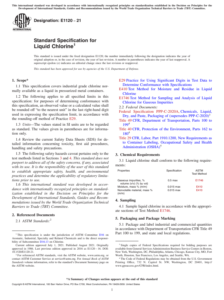 ASTM E1120-21 - Standard Specification for Liquid Chlorine