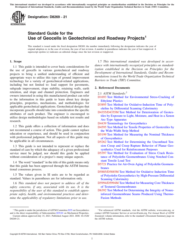 ASTM D8269-21 - Standard Guide for the Use of Geocells in Geotechnical and Roadway Projects