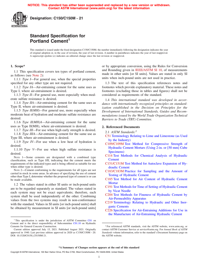 ASTM C150/C150M-21 - Standard Specification for Portland Cement