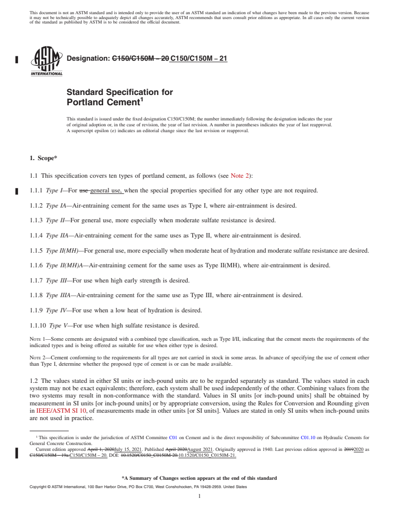 REDLINE ASTM C150/C150M-21 - Standard Specification for Portland Cement