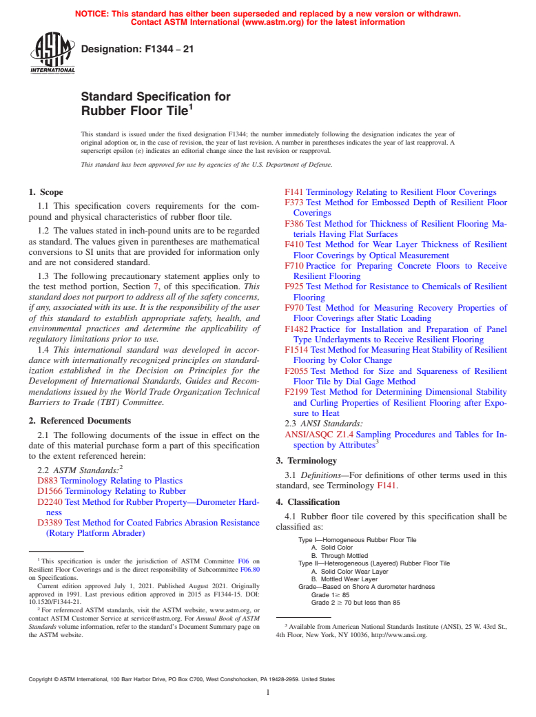 ASTM F1344-21 - Standard Specification for  Rubber Floor Tile