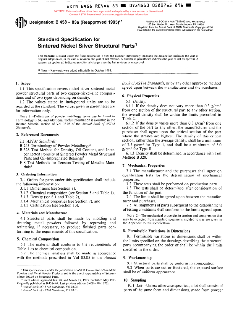 ASTM B458-83a(1995)e1 - Standard Specification for Sintered Nickel Silver Structural Parts (Withdrawn 2000)