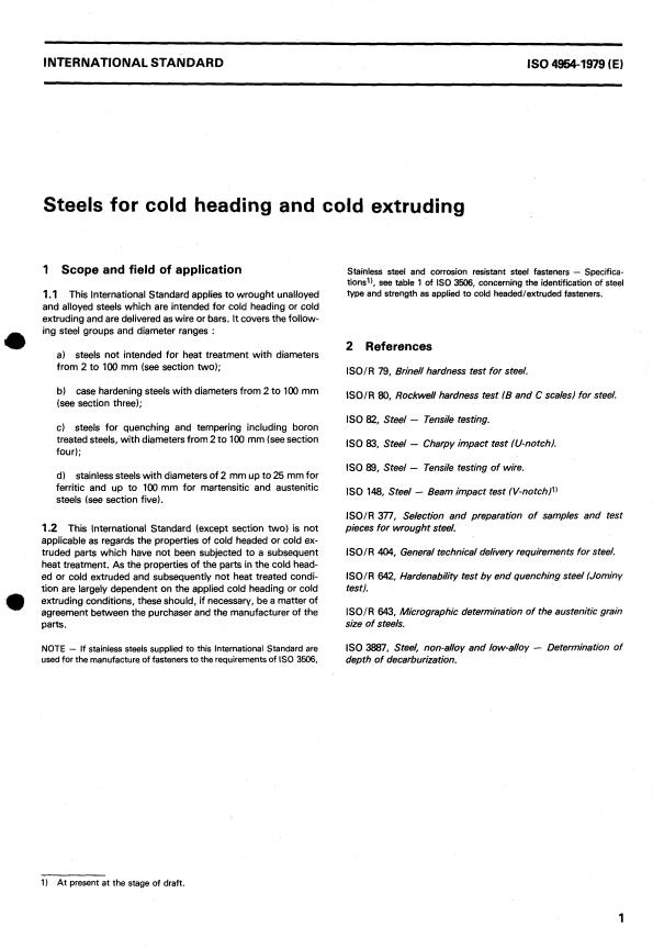 ISO 4954:1979 - Steels for cold heading and cold extruding