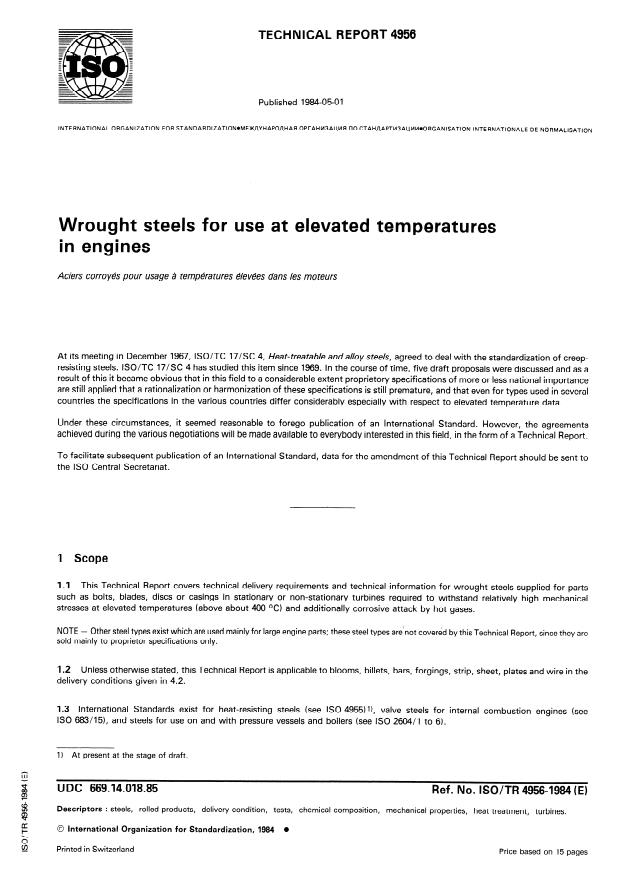 ISO/TR 4956:1984 - Wrought steels for use at elevated temperatures in
