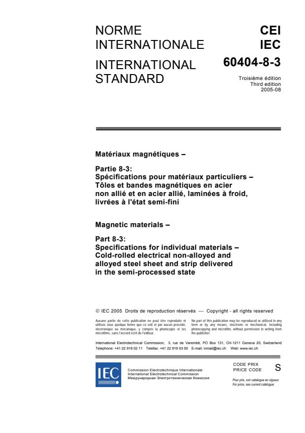 IEC 60404-8-3:2005 - Magnetic materials - Part 8-3: Specifications for individual materials - Cold-rolled electrical non-alloyed and alloyed steel sheet and strip delivered in the semi-processed state