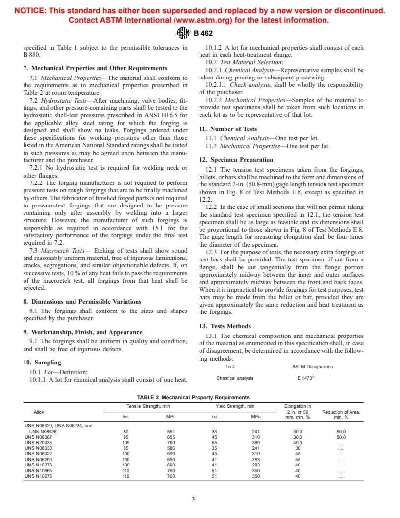 ASTM B462-00a - Specification for Forged or Rolled UNS N06030, UNS N06022, UNS N06200, UNS N08020, UNS N08024, UNS N08026, UNS N08367, UNS N10276, UNS N10665, UNS N10675 & UNS R20033 Alloy Pipe Flanges, Forged Fittings & Valves & Parts for Corrosive