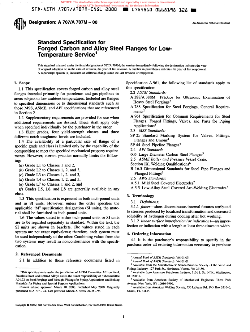 ASTM A707/A707M-00 - Standard Specification for Forged Carbon and Alloy Steel Flanges for Low-Temperature Service