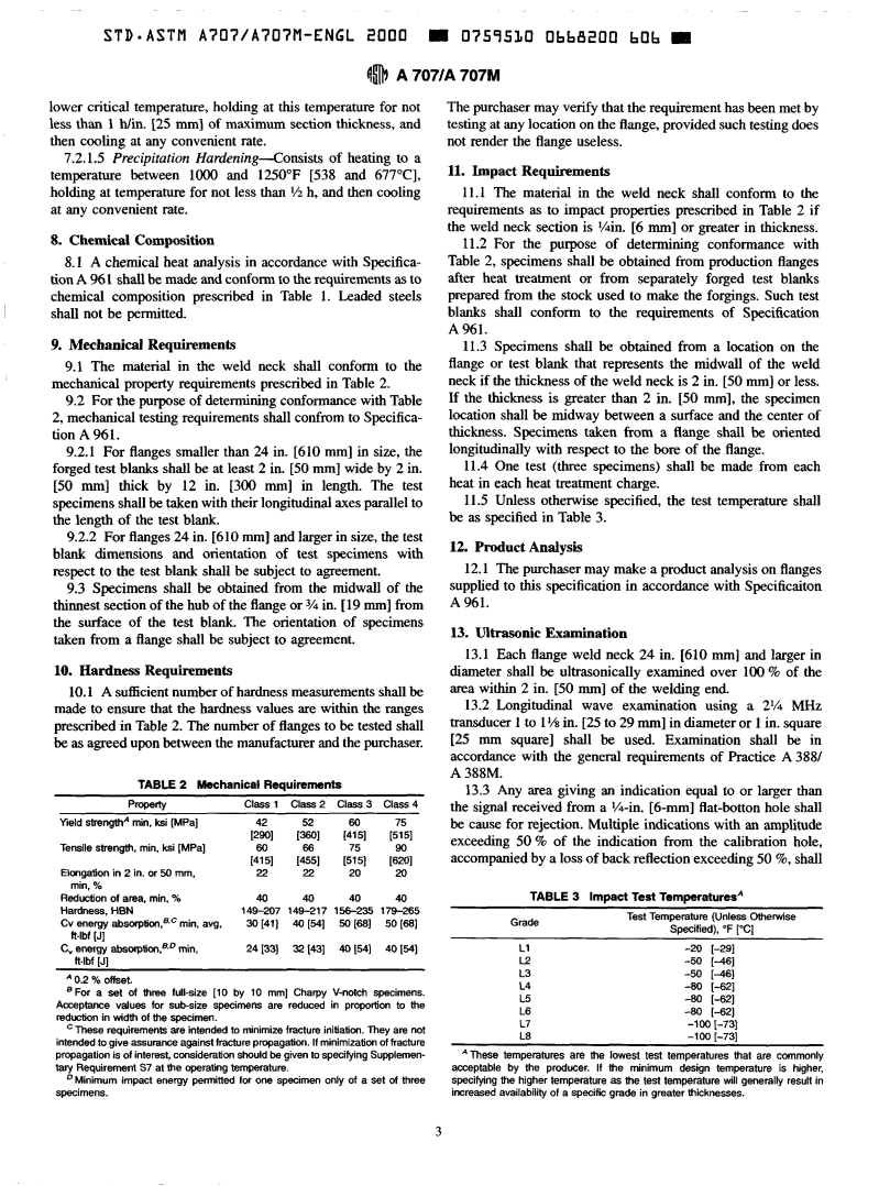 ASTM A707/A707M-00 - Standard Specification for Forged Carbon and Alloy Steel Flanges for Low-Temperature Service