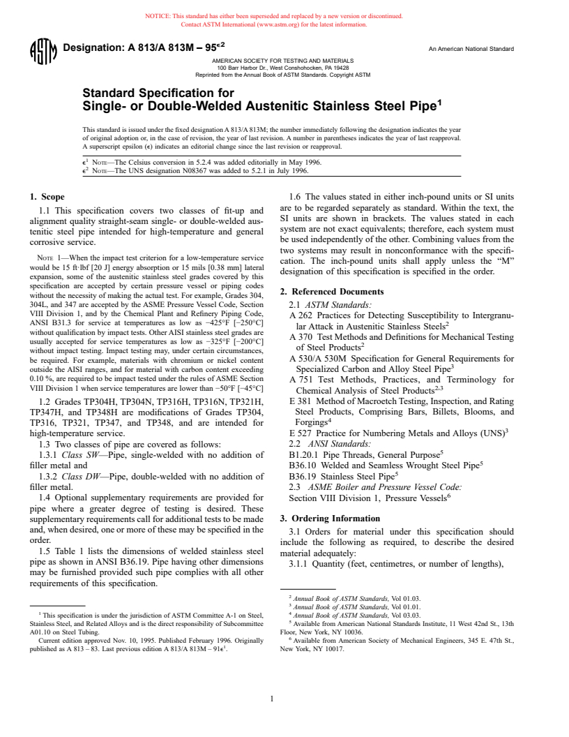 ASTM A813/A813M-95e2 - Standard Specification for Single- or Double-Welded Austenitic Stainless Steel Pipe