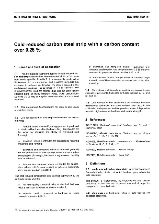 ISO 4960:1986 - Cold-reduced carbon steel strip with a carbon content over 0,25 %
