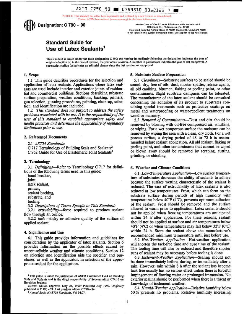 ASTM C790-90 - Guide for Use of Latex Sealants (Withdrawn 1992)