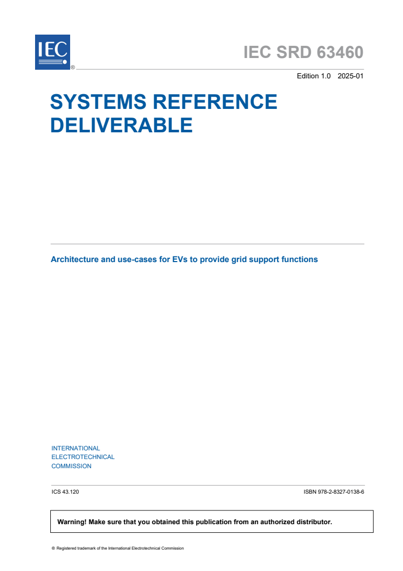 IEC SRD 63460:2025 - Architecture and use-cases for EVs to provide grid support functions
Released:30. 01. 2025
Isbn:9782832701386