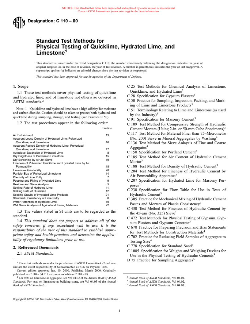 ASTM C110-00 - Standard Test Methods for Physical Testing of Quicklime, Hydrated Lime, and Limestone