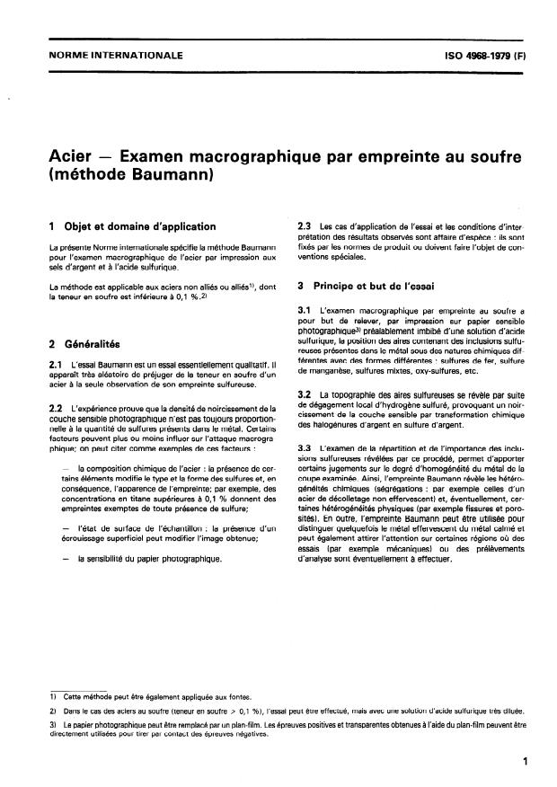 ISO 4968:1979 - Acier -- Examen macrographique par empreinte au soufre (méthode Baumann)