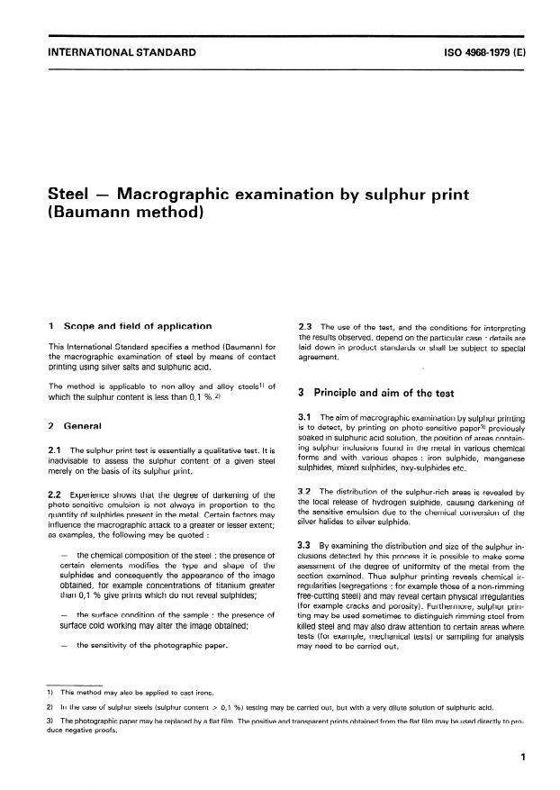ISO 4968:1979 - Steel -- Macrographic examination by sulfur print (Baumann method)