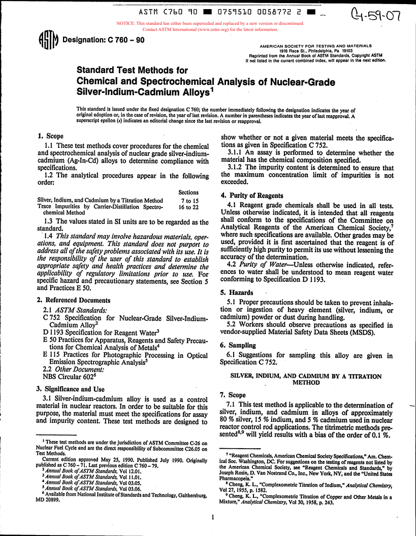 ASTM C760-90 - Standard Test Methods for Chemical and Spectrochemical Analysis of Nuclear-Grade Silver-Indium-Cadmium Alloys