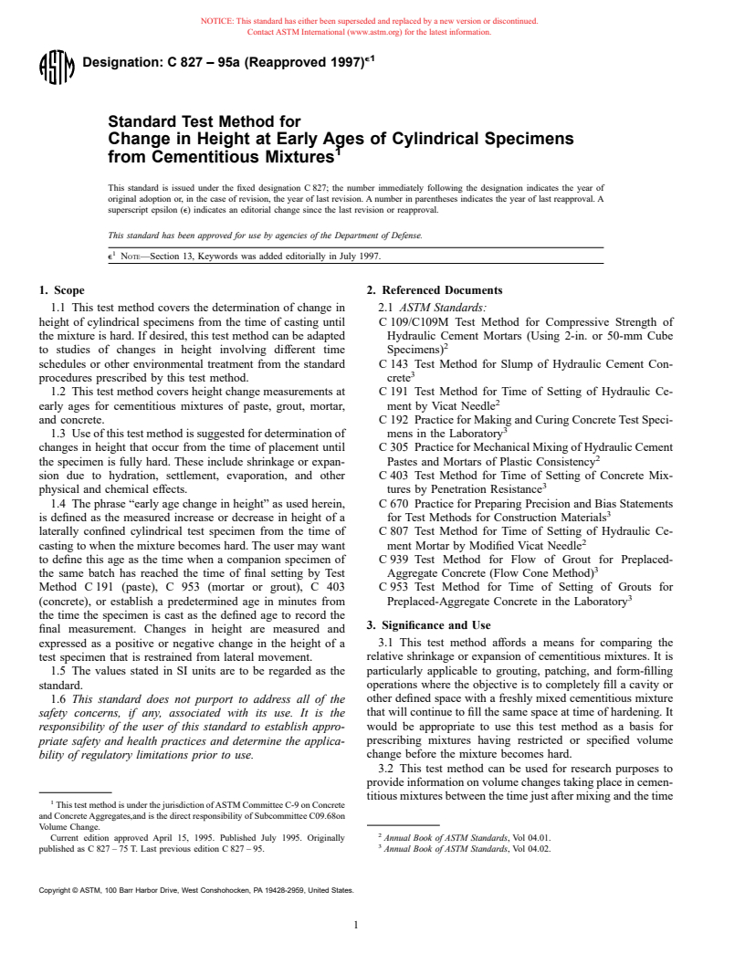 ASTM C827-95A(1997)e1 - Standard Test Method for Change in Height at Early Ages of Cylindrical Specimens of Cementitious Mixtures