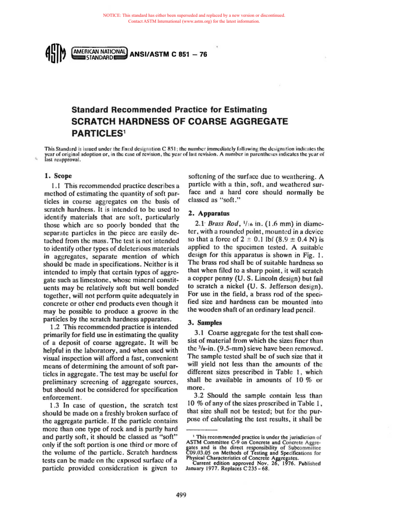 ASTM C851-76 - Recommended Practice for Estimating Scratch Hardness of Coarse Aggregate Particles (Withdrawn 1984)