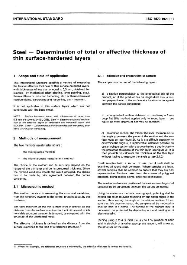 ISO 4970:1979 - Steel -- Determination of total or effective thickness of thin surface-hardened layers