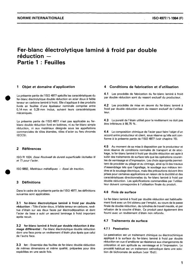 ISO 4977-1:1984 - Fer-blanc électrolytique laminé a froid par double réduction