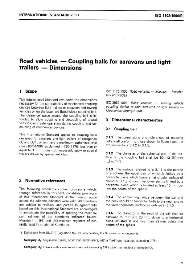 ISO 1103:1996 - Road vehicles -- Coupling balls for caravans and light trailers -- Dimensions