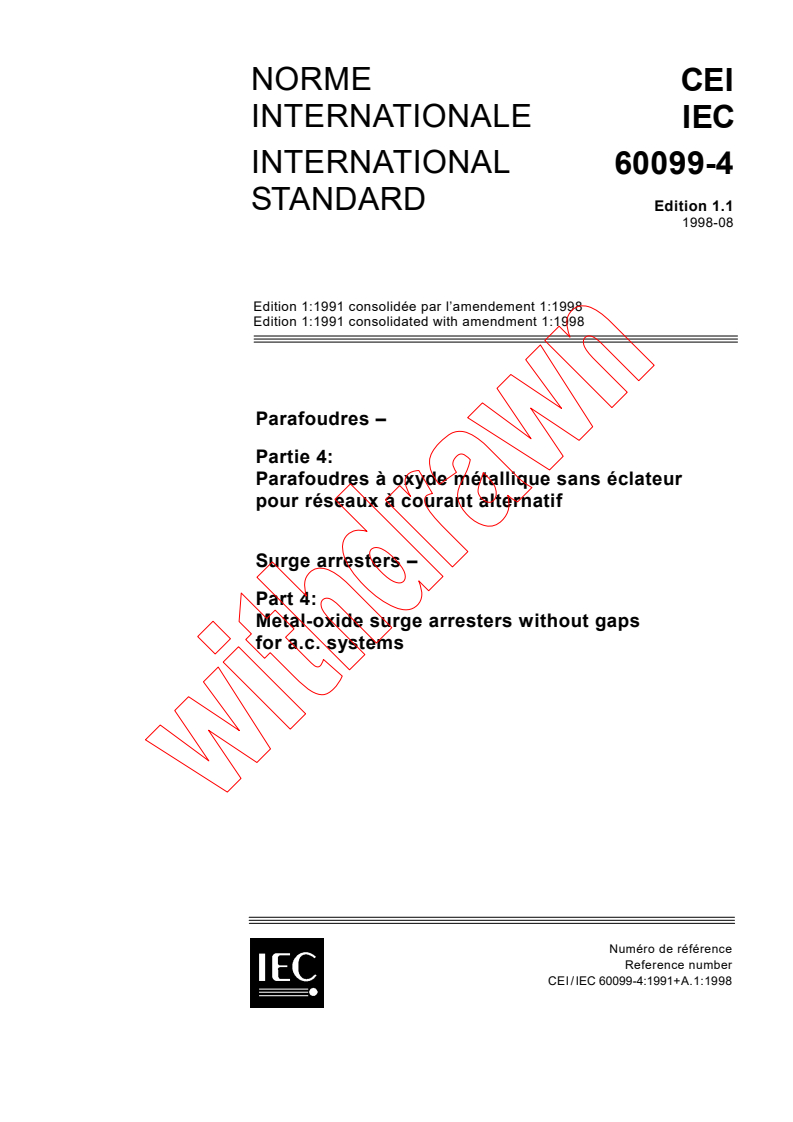IEC 60099-4:1991+AMD1:1998 CSV - Surge arresters - Part 4: Metal-oxide surge arresters without gaps for a.c. systems
Released:8/12/1998
Isbn:2831844541