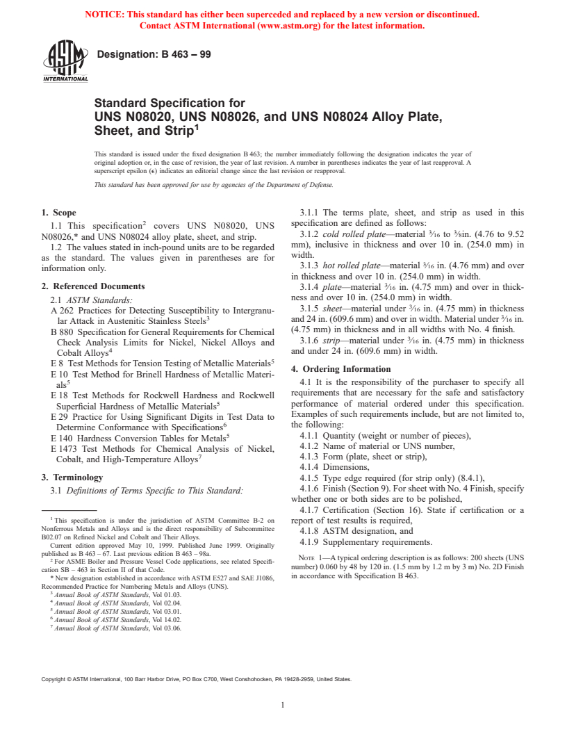 ASTM B463-99 - Standard Specification for UNS N08020, UNS N08026, and ...