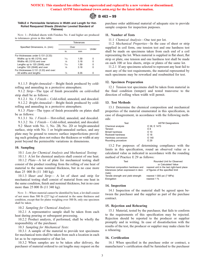 ASTM B463-99 - Standard Specification For UNS N08020, UNS N08026, And ...