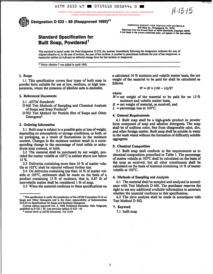 ASTM D533-69(1990)e1 - Standard Specification for Built Soap, Powdered