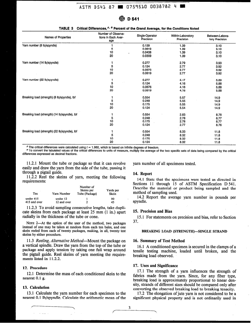 ASTM D541-87e1 - Specification for Single Jute Yarn
