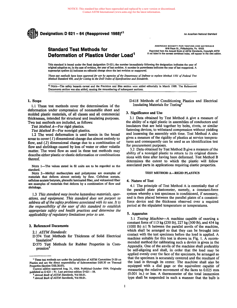 ASTM D621-64(1988)e1 - Test Methods for Deformation of Plastics Under Load