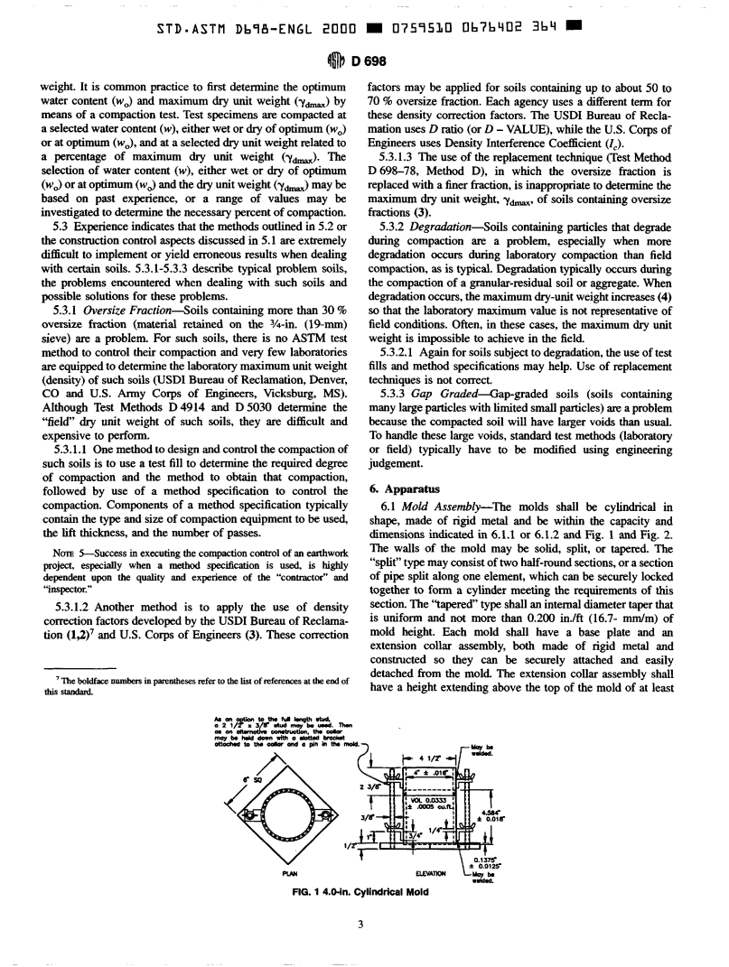 ASTM D698-00 - Standard Test Methods for Laboratory Compaction Characteristics of Soil Using Standard Effort (12,400 ft-lbf/ft<sup>3</sup> (600 kN-m/m<sup>3</sup>))