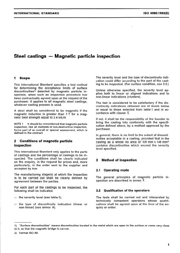 ISO 4986:1992 - Steel castings -- Magnetic particle inspection