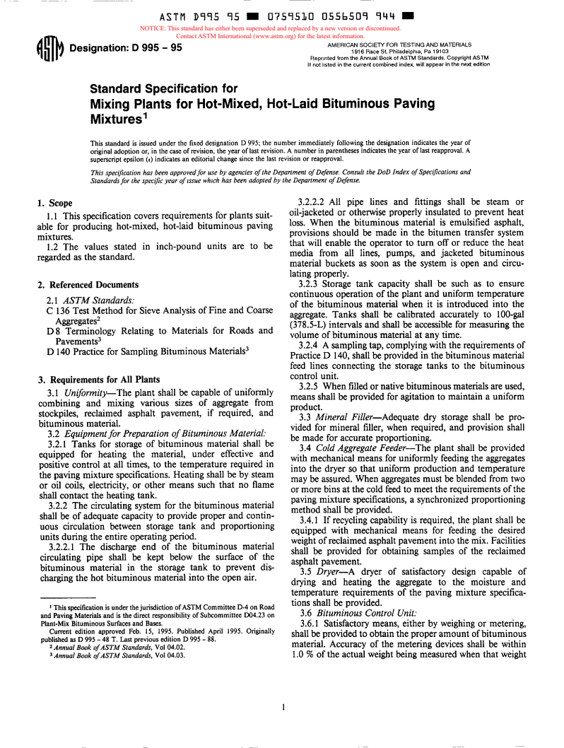 ASTM D995-95 - Standard Specification for Mixing Plants for Hot-Mixed, Hot-Laid Bituminous Paving Mixtures