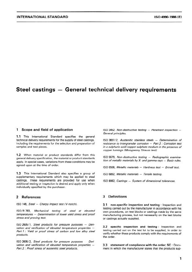 ISO 4990:1986 - Steel castings -- General technical delivery requirements