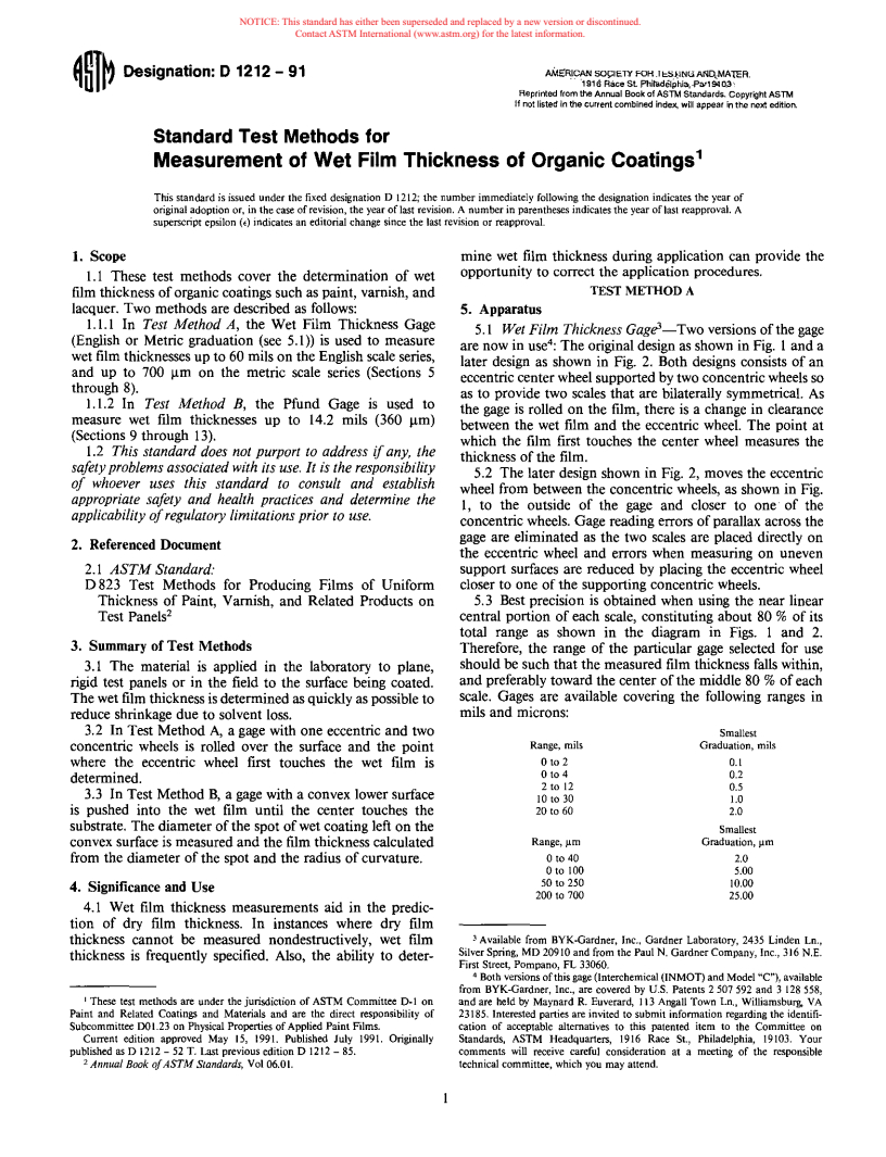 ASTM D1212-91 - Standard Test Methods for Measurement of Wet Film Thickness of Organic Coatings