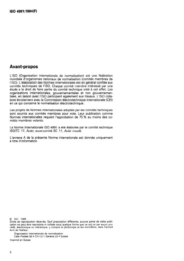 ISO 4991:1994 ISO 4991:1994 - Pieces moulées en acier pour service sous pression - Page 2 preview