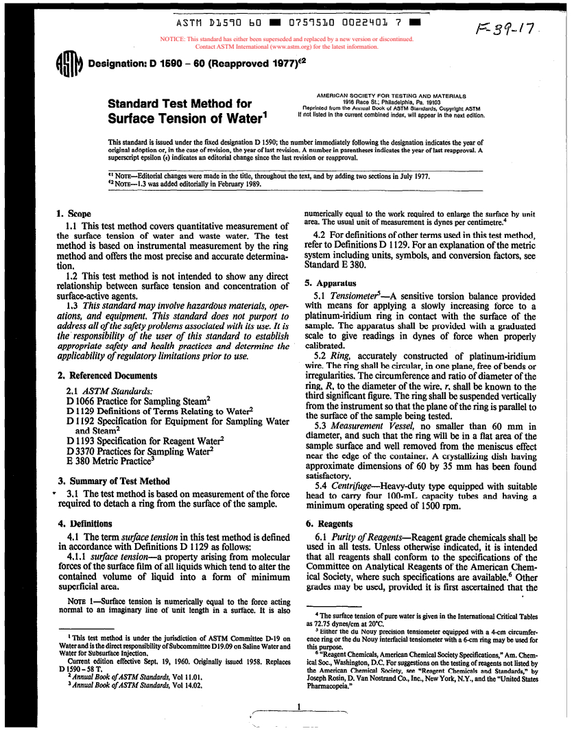 ASTM D1590-60(1977)e2 - Test Methods for Surface Tension of Water and Waste Water